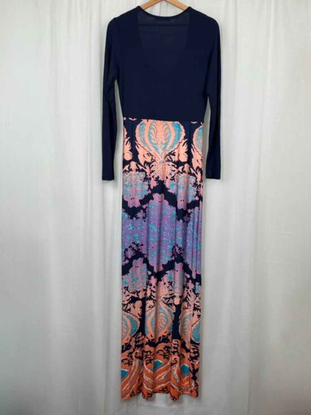 Weekend‎ Juniors Bodycon Maxi Dress Large Long Sleeve Boho Print Colorful Resort - Picture 3 of 10